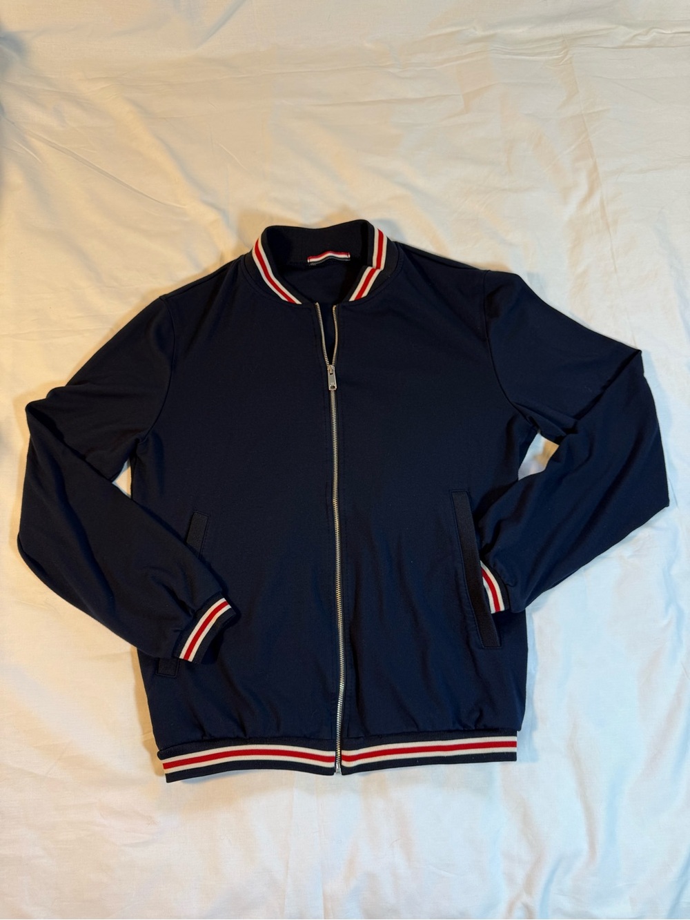 Zara Man Navy Bomber Jacket with Red & White Stripe Trim